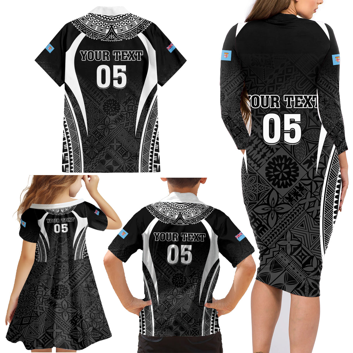 Custom Fiji Rugby Family Matching Long Sleeve Bodycon Dress and Hawaiian Shirt Fijian Warrior Black LT05 - Polynesian Pride