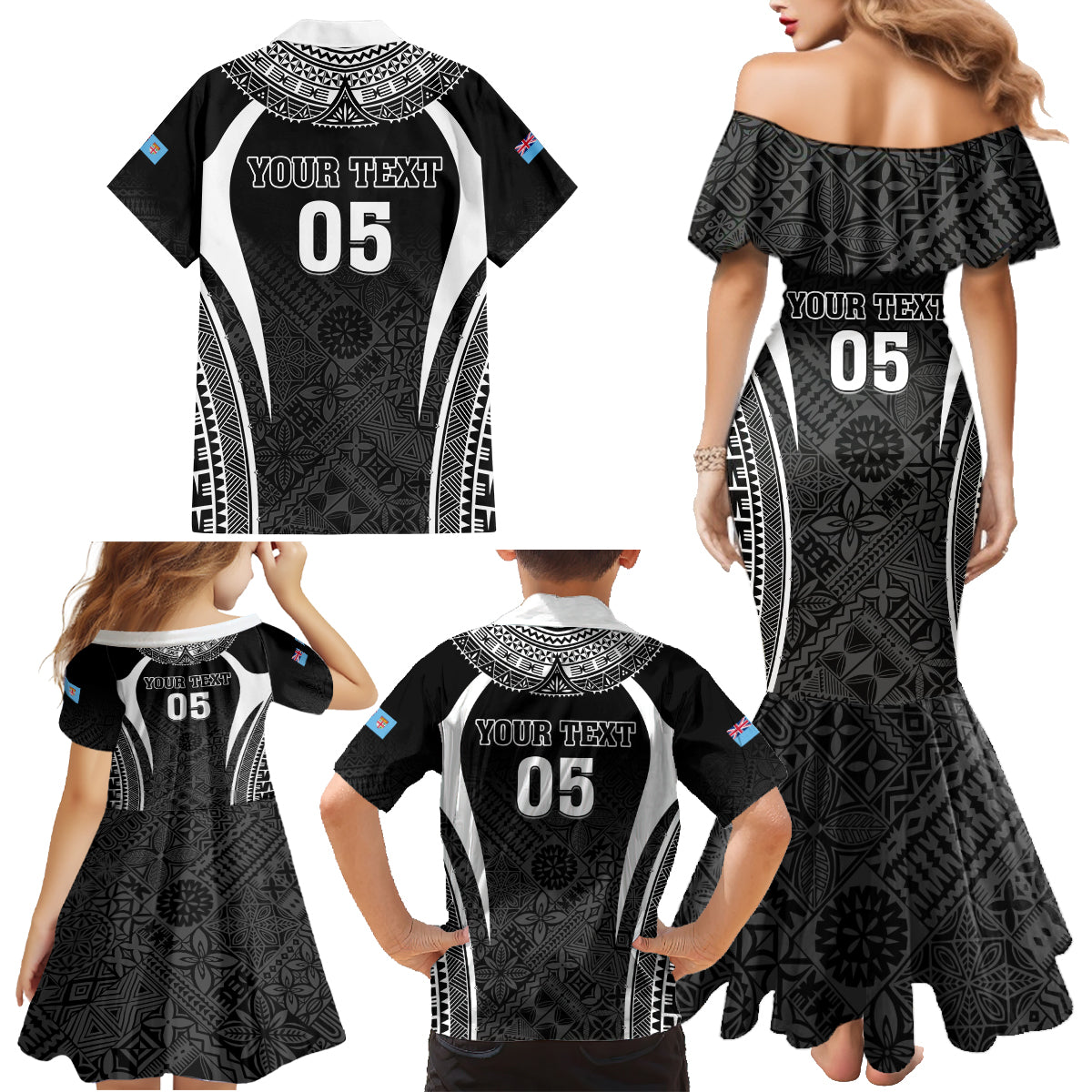 Custom Fiji Rugby Family Matching Mermaid Dress and Hawaiian Shirt Fijian Warrior Black LT05 - Polynesian Pride
