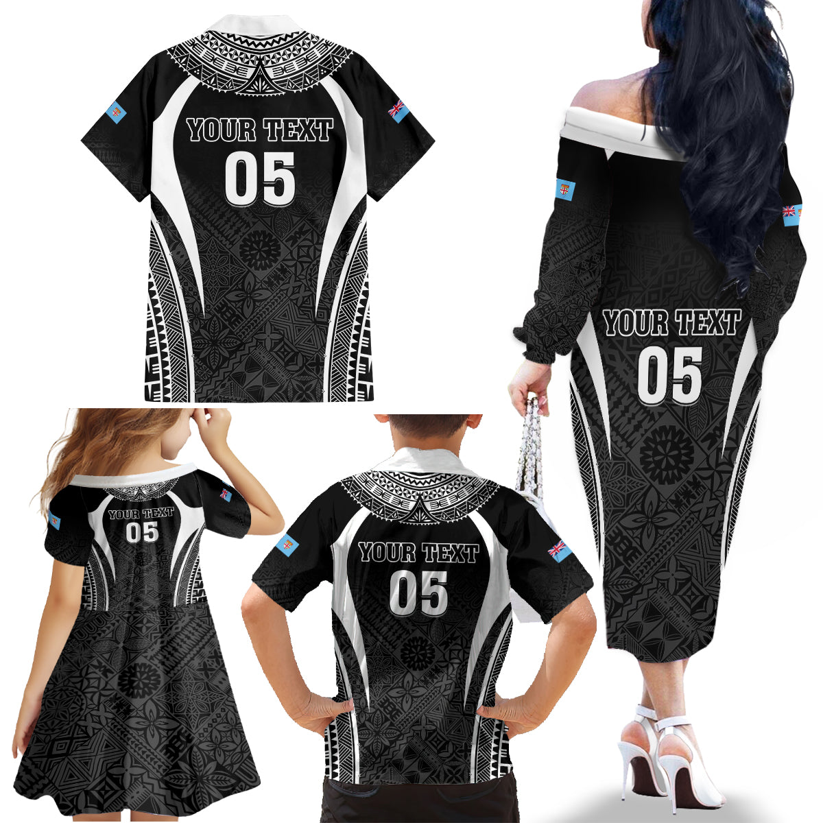 Custom Fiji Rugby Family Matching Off The Shoulder Long Sleeve Dress and Hawaiian Shirt Fijian Warrior Black LT05 - Polynesian Pride