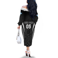 Custom Fiji Rugby Family Matching Off The Shoulder Long Sleeve Dress and Hawaiian Shirt Fijian Warrior Black LT05 - Polynesian Pride