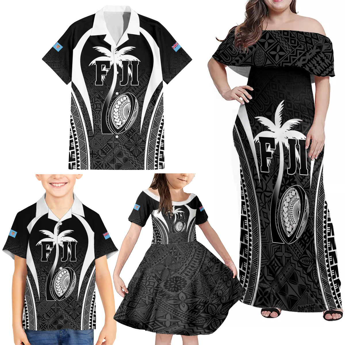 Custom Fiji Rugby Family Matching Off Shoulder Maxi Dress and Hawaiian Shirt Fijian Warrior Black LT05 - Polynesian Pride