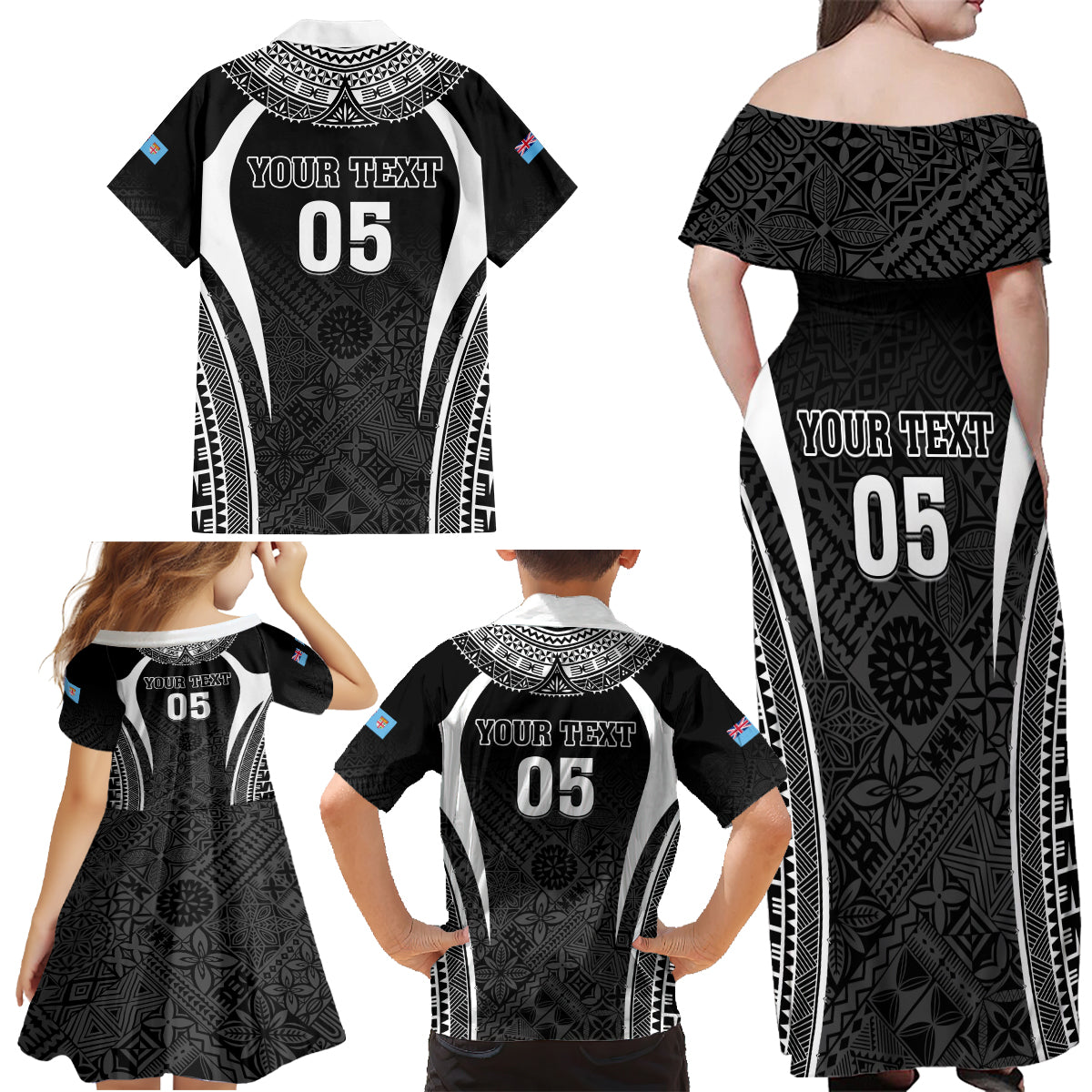 Custom Fiji Rugby Family Matching Off Shoulder Maxi Dress and Hawaiian Shirt Fijian Warrior Black LT05 - Polynesian Pride