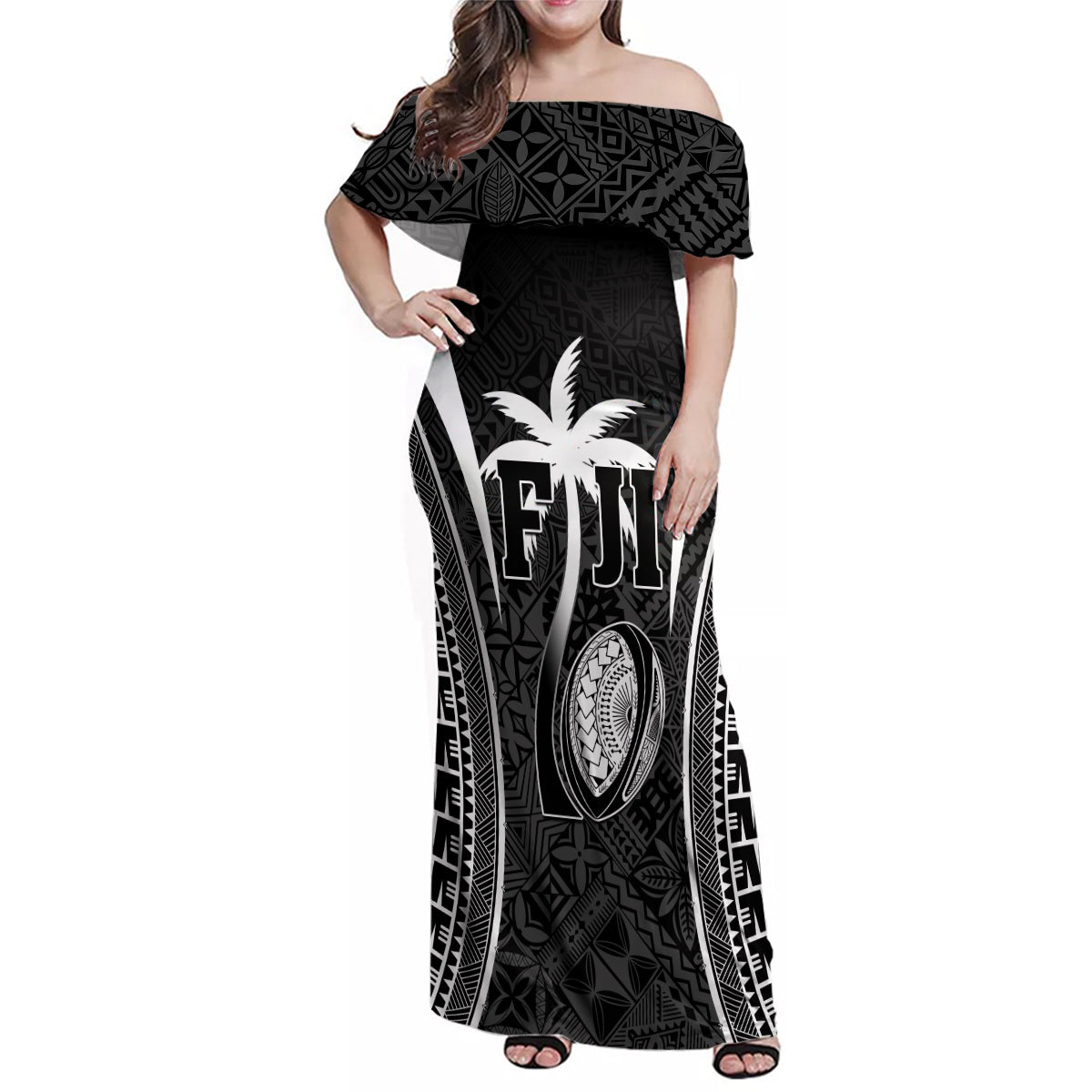 Custom Fiji Rugby Family Matching Off Shoulder Maxi Dress and Hawaiian Shirt Fijian Warrior Black LT05 Mom's Dress Black - Polynesian Pride
