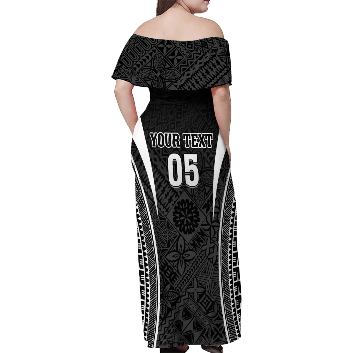 Custom Fiji Rugby Family Matching Off Shoulder Maxi Dress and Hawaiian Shirt Fijian Warrior Black LT05 - Polynesian Pride