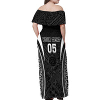 Custom Fiji Rugby Family Matching Off Shoulder Maxi Dress and Hawaiian Shirt Fijian Warrior Black LT05 - Polynesian Pride