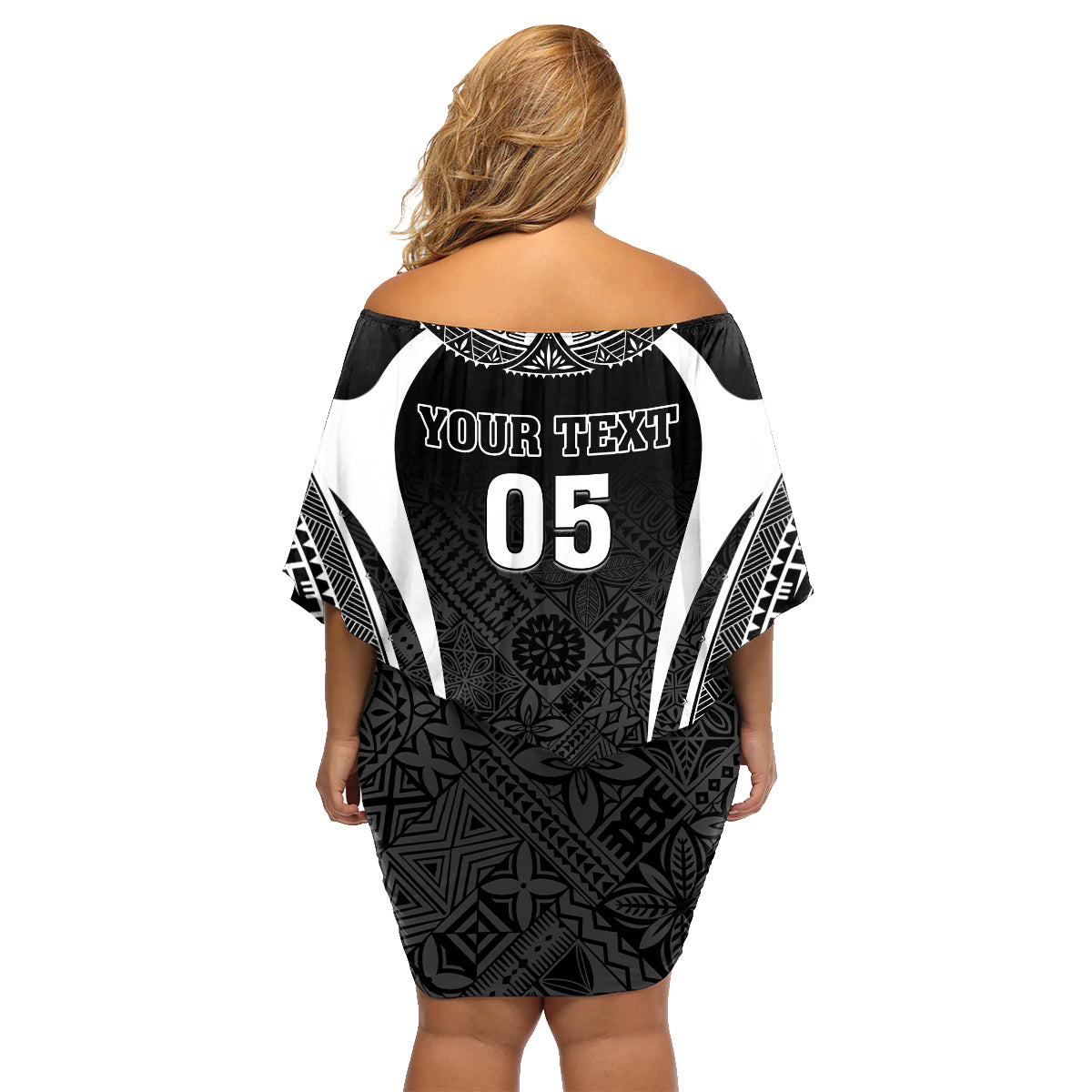 Custom Fiji Rugby Family Matching Off Shoulder Short Dress and Hawaiian Shirt Fijian Warrior Black LT05 - Polynesian Pride