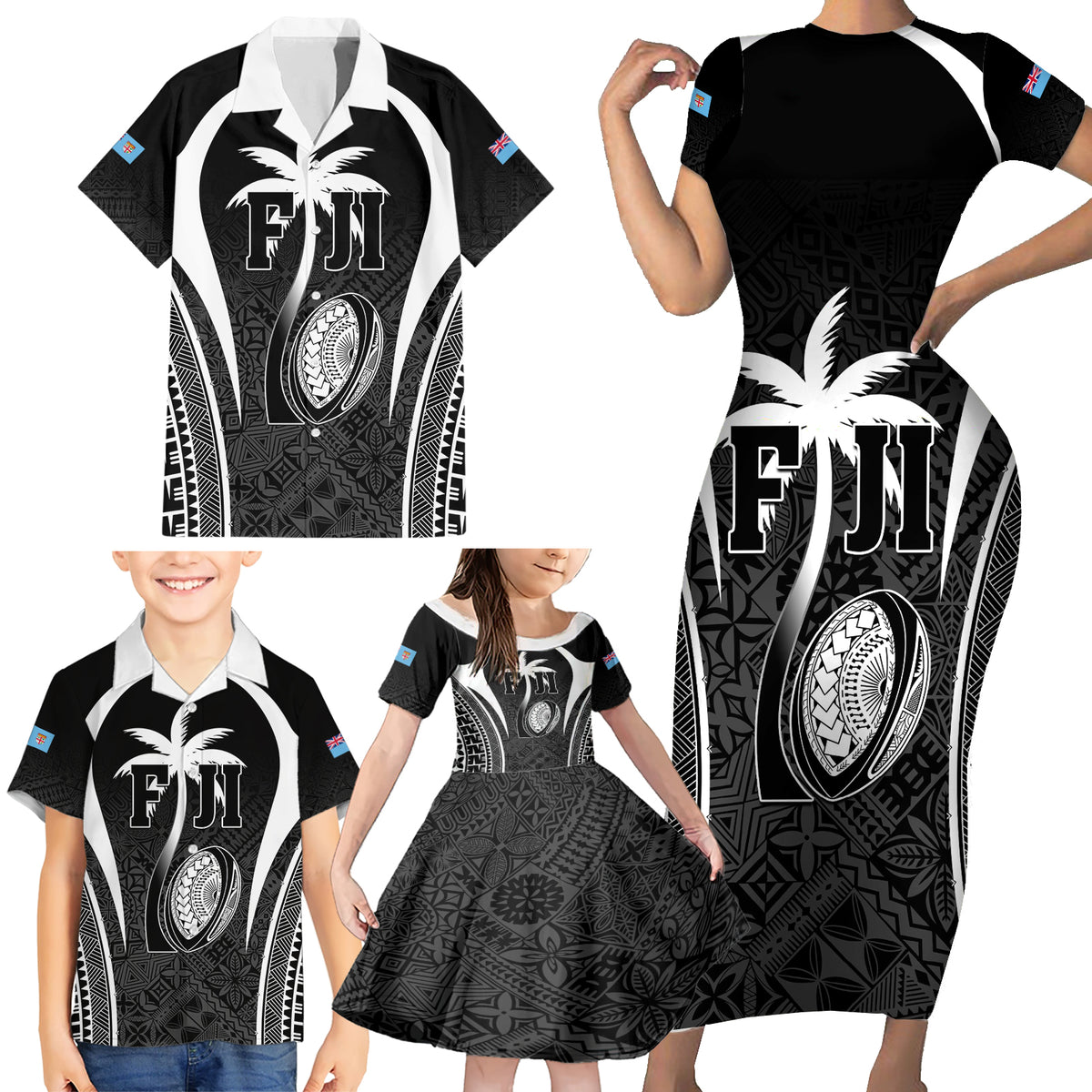 Custom Fiji Rugby Family Matching Short Sleeve Bodycon Dress and Hawaiian Shirt Fijian Warrior Black LT05 - Polynesian Pride