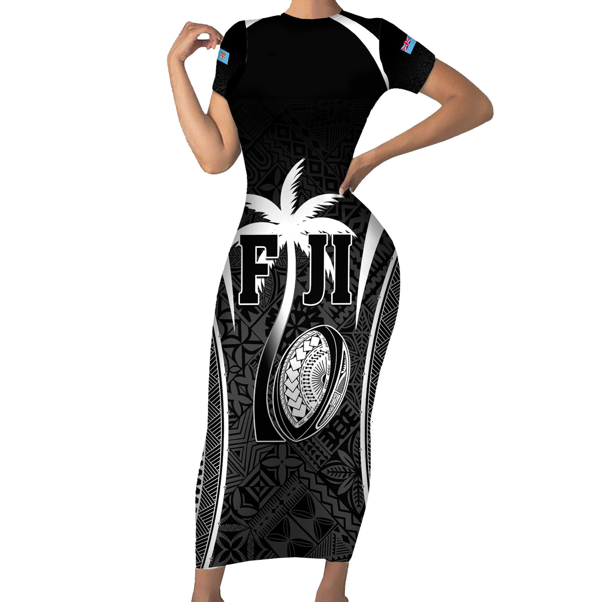 Custom Fiji Rugby Family Matching Short Sleeve Bodycon Dress and Hawaiian Shirt Fijian Warrior Black LT05 Mom's Dress Black - Polynesian Pride