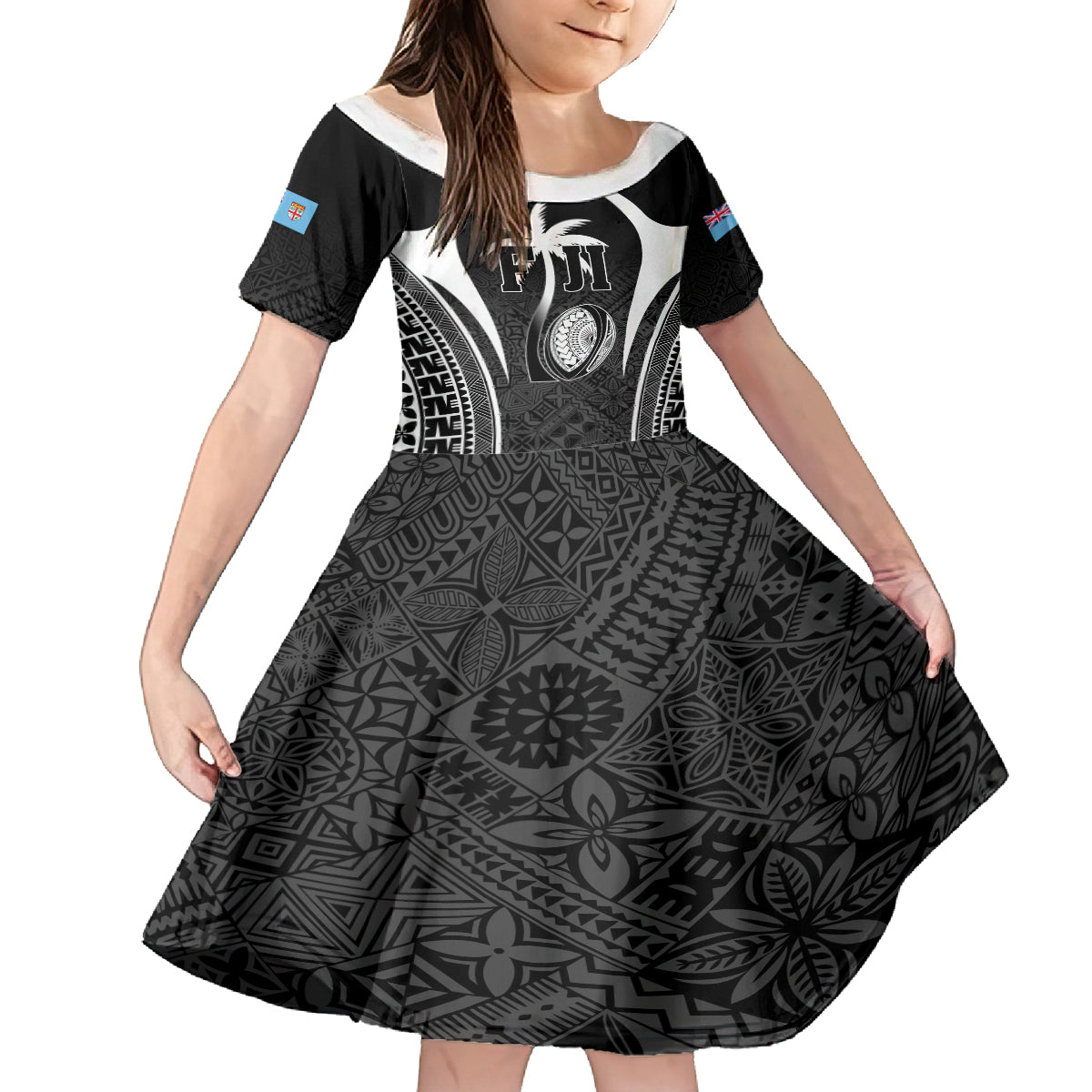 Custom Fiji Rugby Family Matching Tank Maxi Dress and Hawaiian Shirt Fijian Warrior Black LT05 Daughter's Dress Black - Polynesian Pride