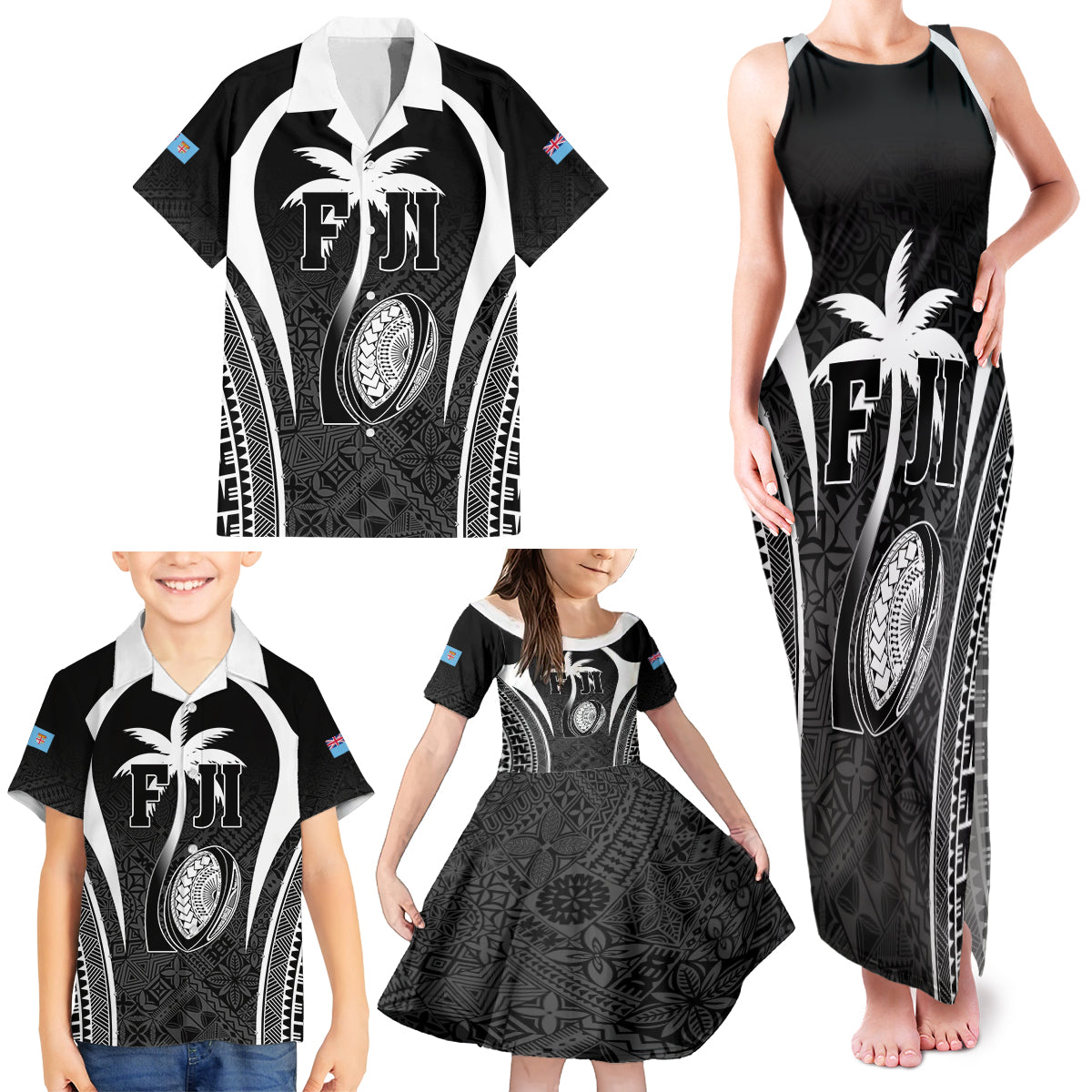 Custom Fiji Rugby Family Matching Tank Maxi Dress and Hawaiian Shirt Fijian Warrior Black LT05 - Polynesian Pride