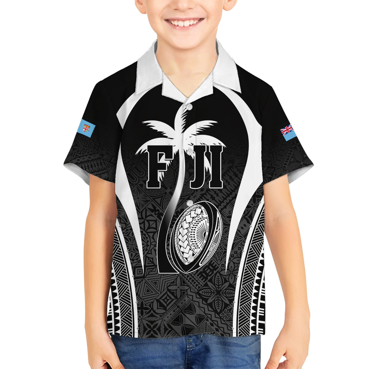 Custom Fiji Rugby Family Matching Tank Maxi Dress and Hawaiian Shirt Fijian Warrior Black LT05 Son's Shirt Black - Polynesian Pride