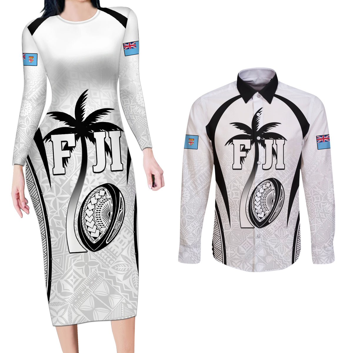 Custom Fiji Rugby Couples Matching Long Sleeve Bodycon Dress and Long Sleeve Button Shirt Fijian Warrior White LT05 White - Polynesian Pride
