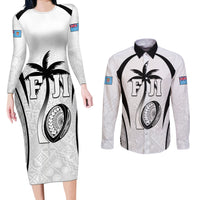 Custom Fiji Rugby Couples Matching Long Sleeve Bodycon Dress and Long Sleeve Button Shirt Fijian Warrior White LT05 White - Polynesian Pride