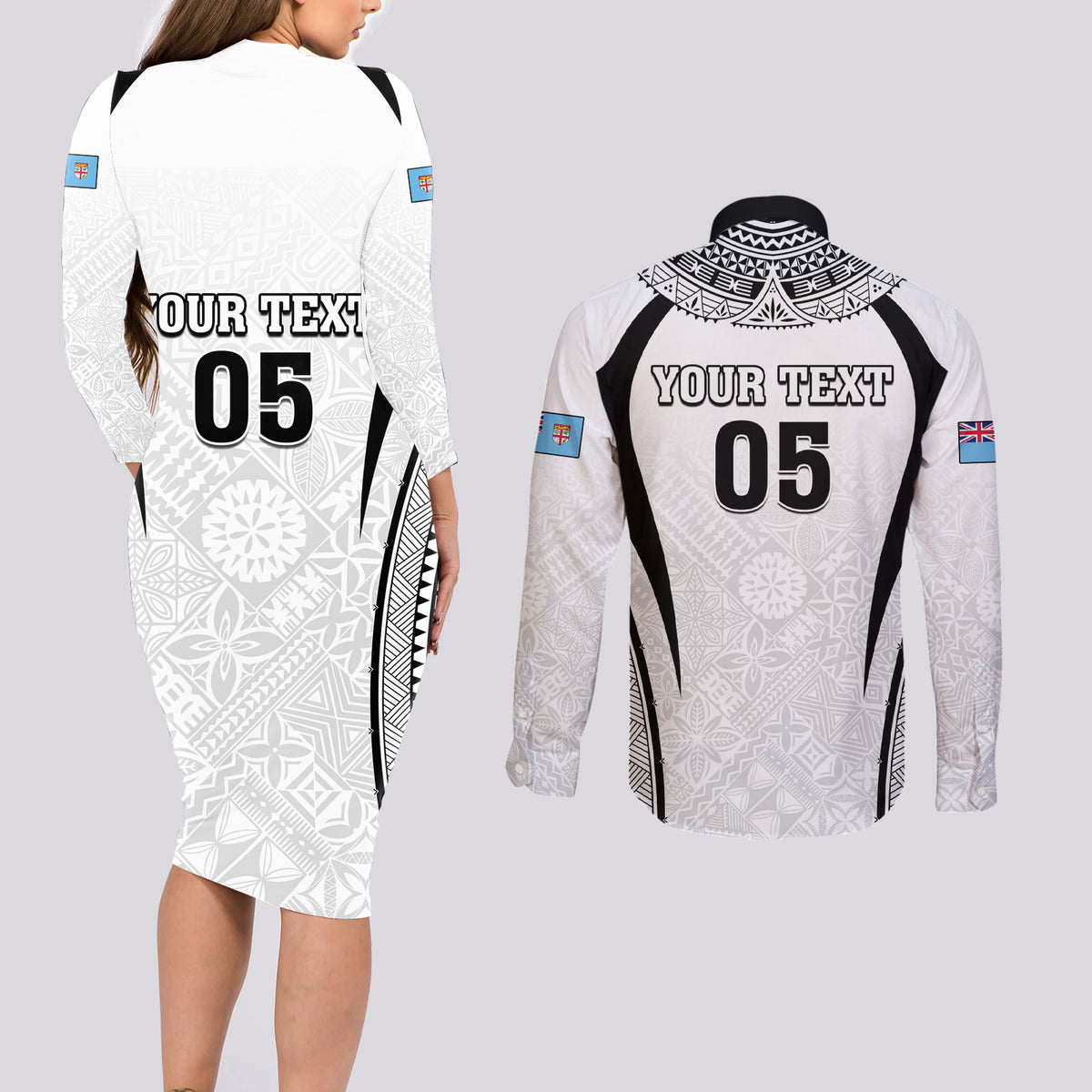 Custom Fiji Rugby Couples Matching Long Sleeve Bodycon Dress and Long Sleeve Button Shirt Fijian Warrior White LT05 - Polynesian Pride
