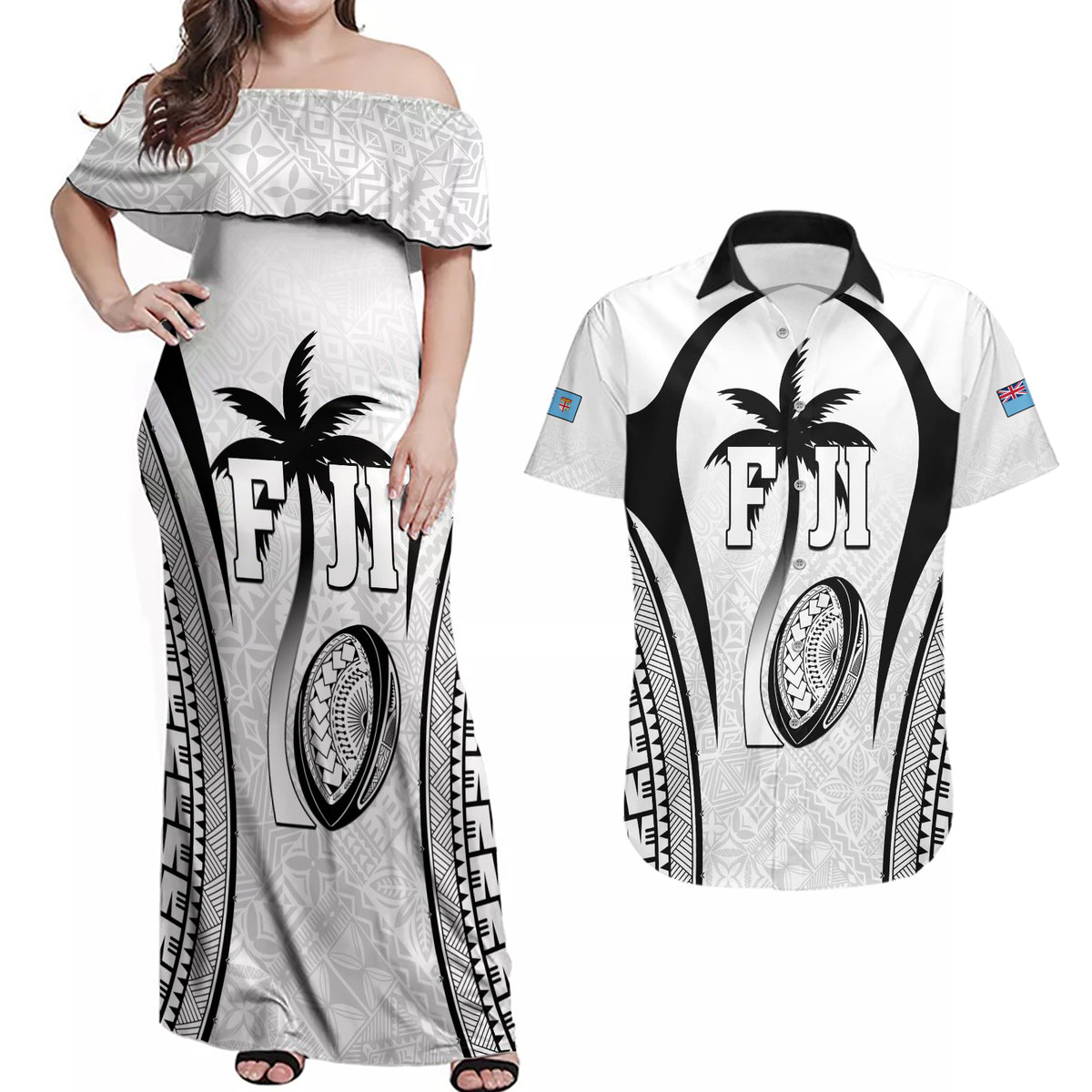 Custom Fiji Rugby Couples Matching Off Shoulder Maxi Dress and Hawaiian Shirt Fijian Warrior White LT05 White - Polynesian Pride
