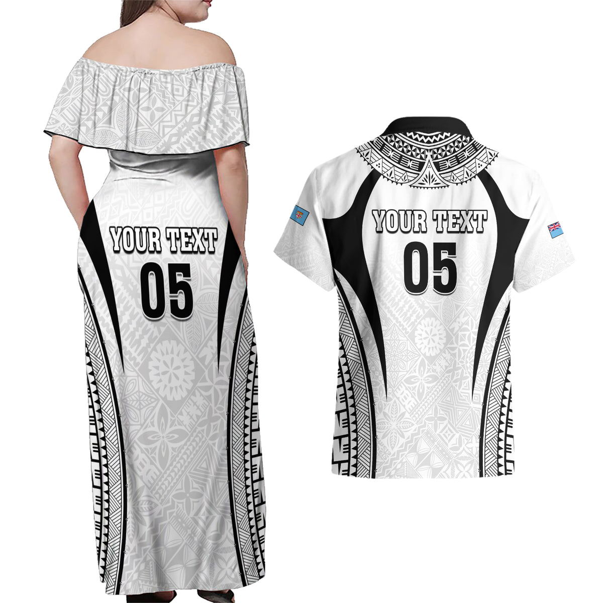 Custom Fiji Rugby Couples Matching Off Shoulder Maxi Dress and Hawaiian Shirt Fijian Warrior White LT05 - Polynesian Pride