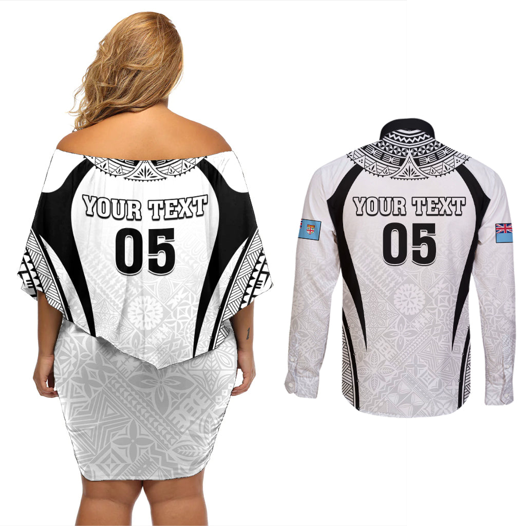 Custom Fiji Rugby Couples Matching Off Shoulder Short Dress and Long Sleeve Button Shirt Fijian Warrior White LT05 - Polynesian Pride