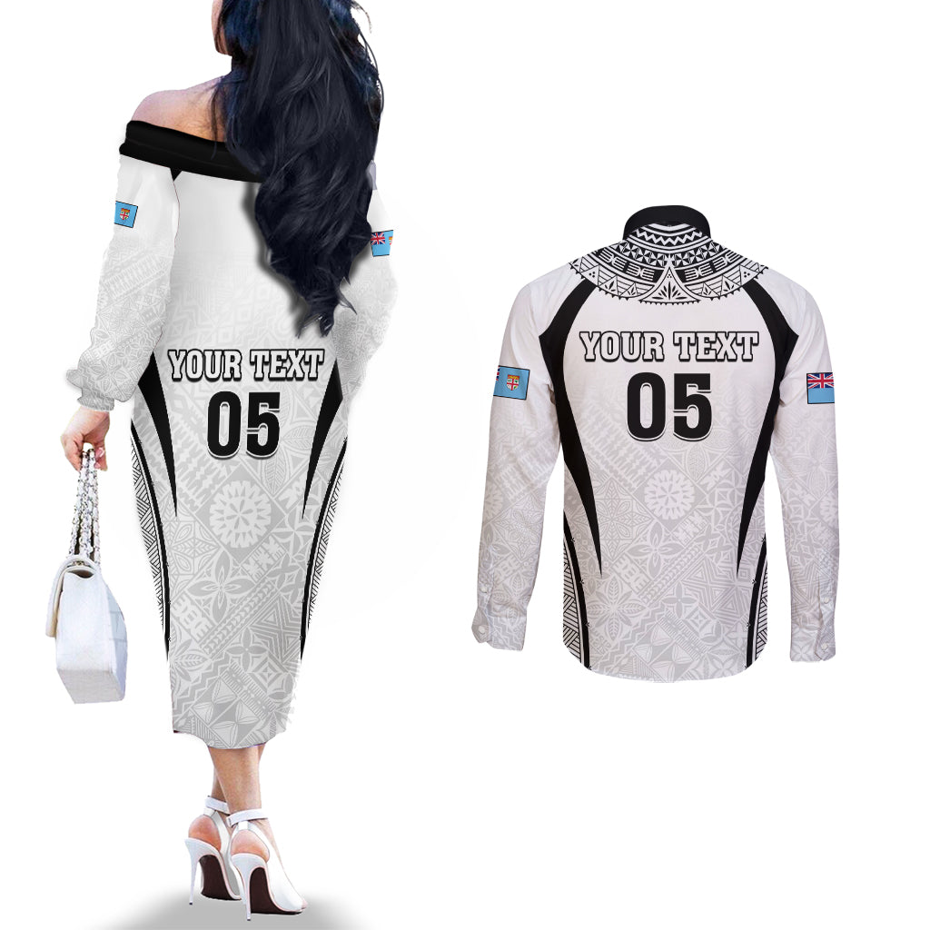 Custom Fiji Rugby Couples Matching Off The Shoulder Long Sleeve Dress and Long Sleeve Button Shirt Fijian Warrior White LT05 - Polynesian Pride