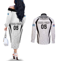 Custom Fiji Rugby Couples Matching Off The Shoulder Long Sleeve Dress and Long Sleeve Button Shirt Fijian Warrior White LT05 - Polynesian Pride