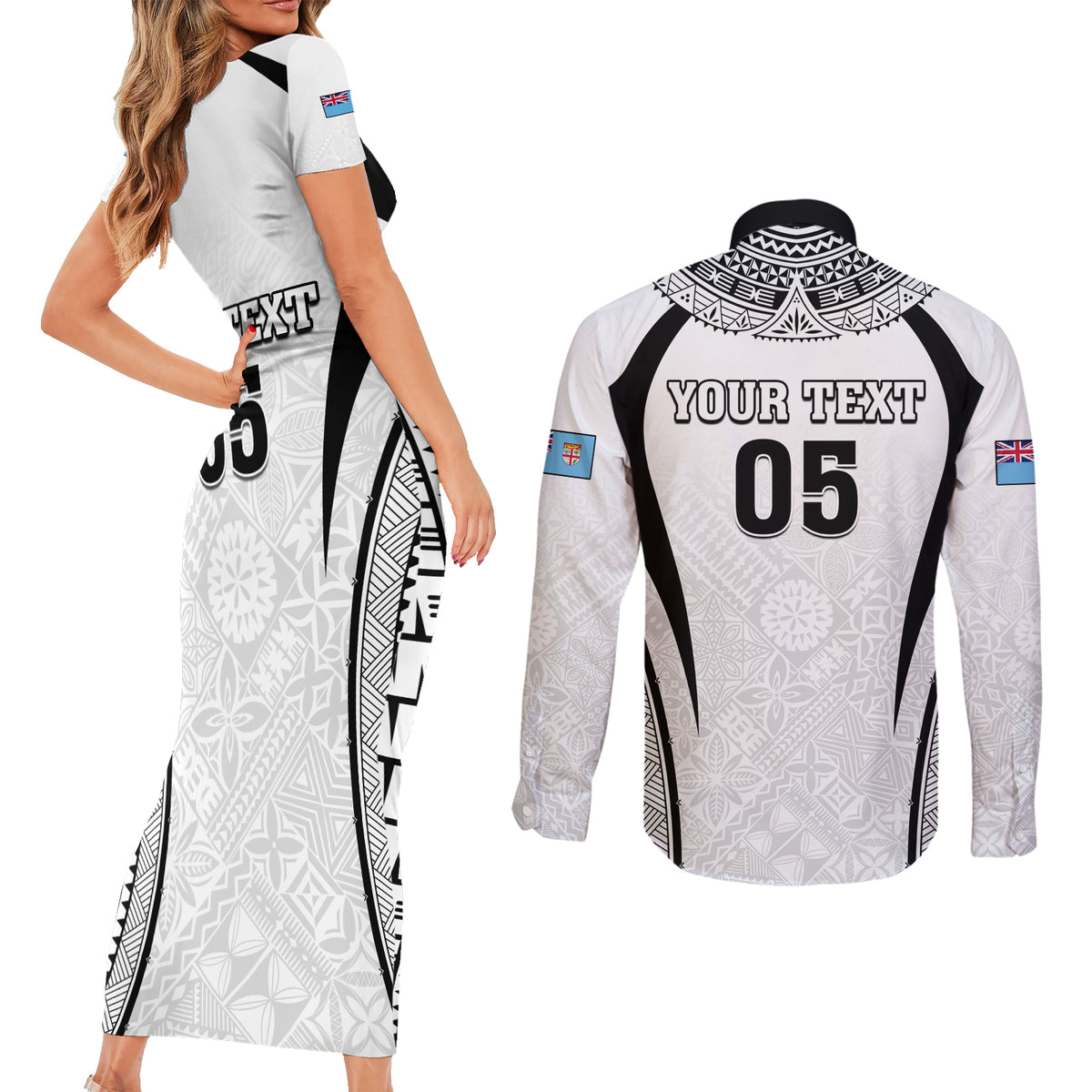 Custom Fiji Rugby Couples Matching Short Sleeve Bodycon Dress and Long Sleeve Button Shirt Fijian Warrior White LT05 - Polynesian Pride
