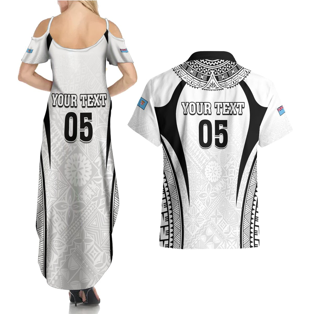 Custom Fiji Rugby Couples Matching Summer Maxi Dress and Hawaiian Shirt Fijian Warrior White LT05 - Polynesian Pride