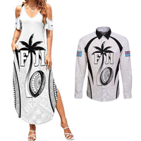 Custom Fiji Rugby Couples Matching Summer Maxi Dress and Long Sleeve Button Shirt Fijian Warrior White LT05 White - Polynesian Pride