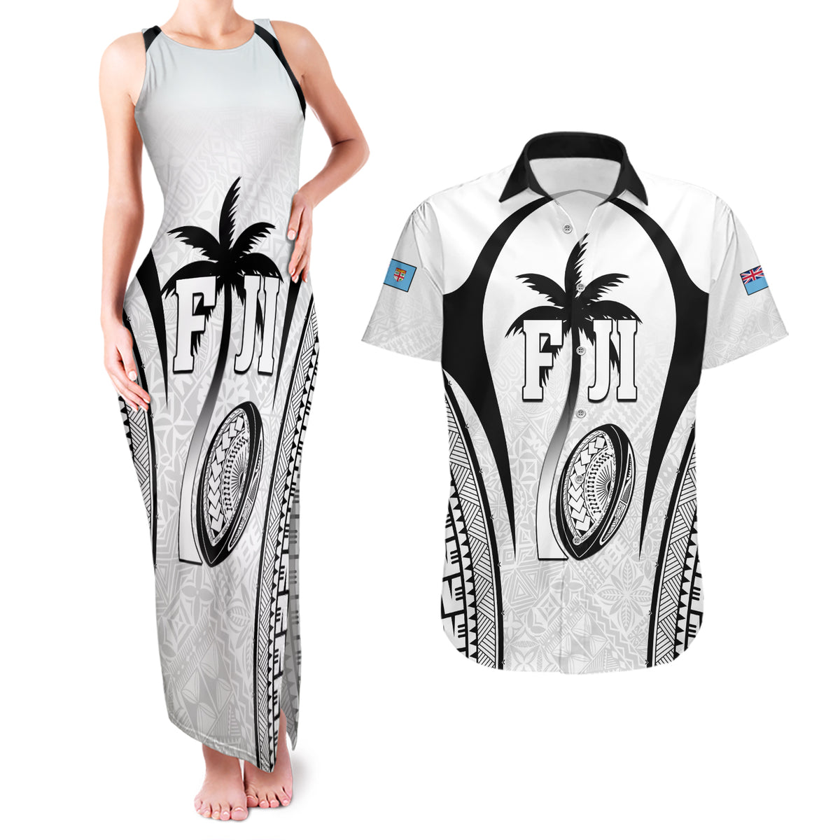Custom Fiji Rugby Couples Matching Tank Maxi Dress and Hawaiian Shirt Fijian Warrior White LT05 White - Polynesian Pride