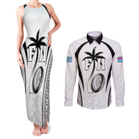 Custom Fiji Rugby Couples Matching Tank Maxi Dress and Long Sleeve Button Shirt Fijian Warrior White LT05 White - Polynesian Pride