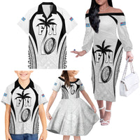 Custom Fiji Rugby Family Matching Off The Shoulder Long Sleeve Dress and Hawaiian Shirt Fijian Warrior White LT05 - Polynesian Pride