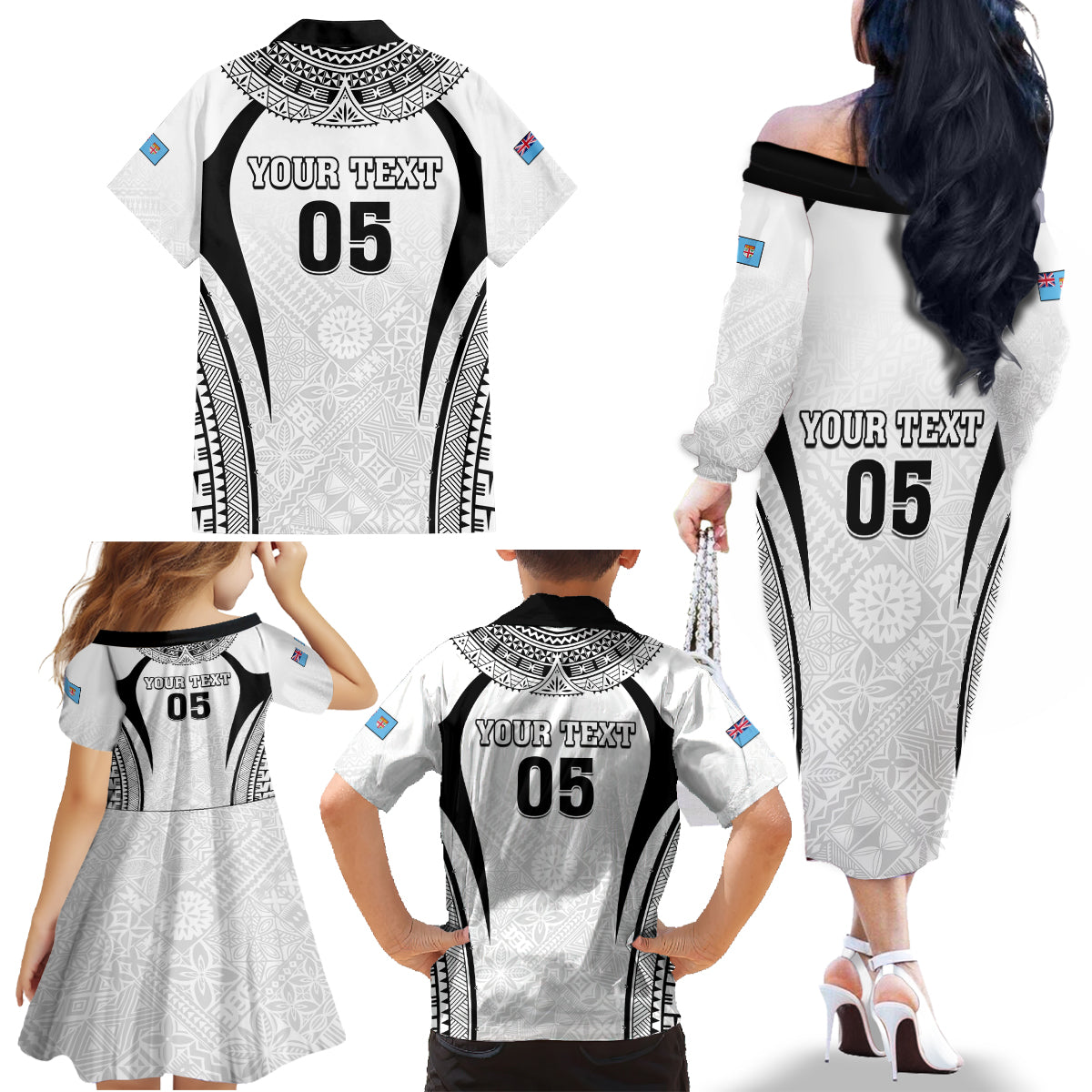 Custom Fiji Rugby Family Matching Off The Shoulder Long Sleeve Dress and Hawaiian Shirt Fijian Warrior White LT05 - Polynesian Pride