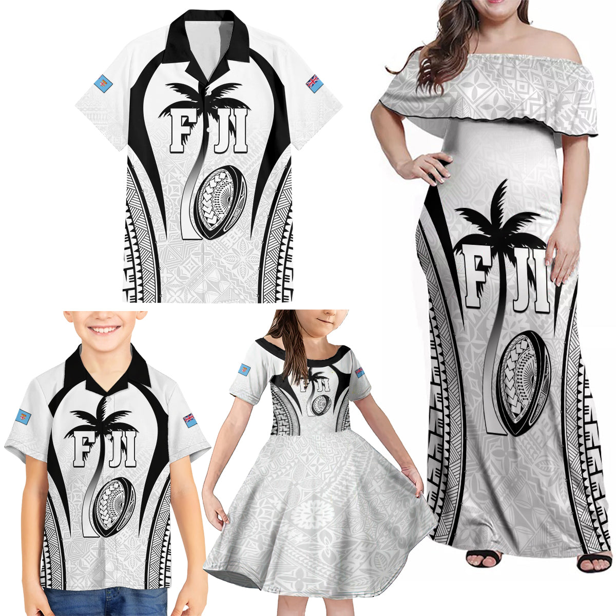 Custom Fiji Rugby Family Matching Off Shoulder Maxi Dress and Hawaiian Shirt Fijian Warrior White LT05 - Polynesian Pride