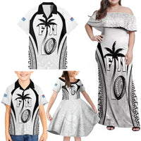 Custom Fiji Rugby Family Matching Off Shoulder Maxi Dress and Hawaiian Shirt Fijian Warrior White LT05 - Polynesian Pride