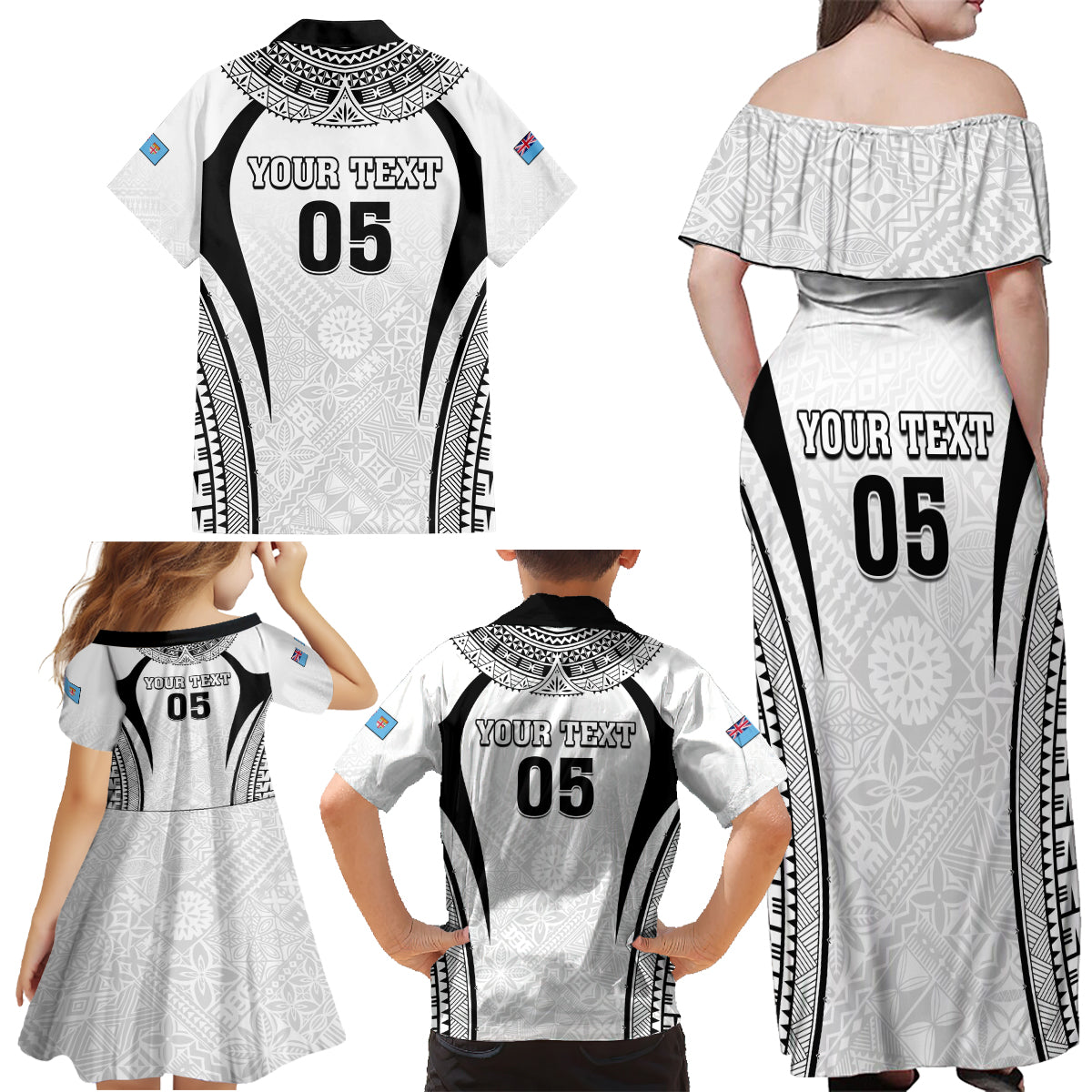 Custom Fiji Rugby Family Matching Off Shoulder Maxi Dress and Hawaiian Shirt Fijian Warrior White LT05 - Polynesian Pride