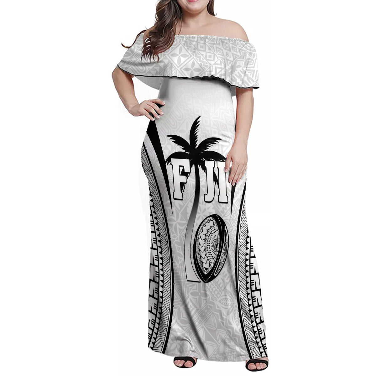 Custom Fiji Rugby Family Matching Off Shoulder Maxi Dress and Hawaiian Shirt Fijian Warrior White LT05 Mom's Dress White - Polynesian Pride