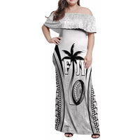 Custom Fiji Rugby Family Matching Off Shoulder Maxi Dress and Hawaiian Shirt Fijian Warrior White LT05 Mom's Dress White - Polynesian Pride