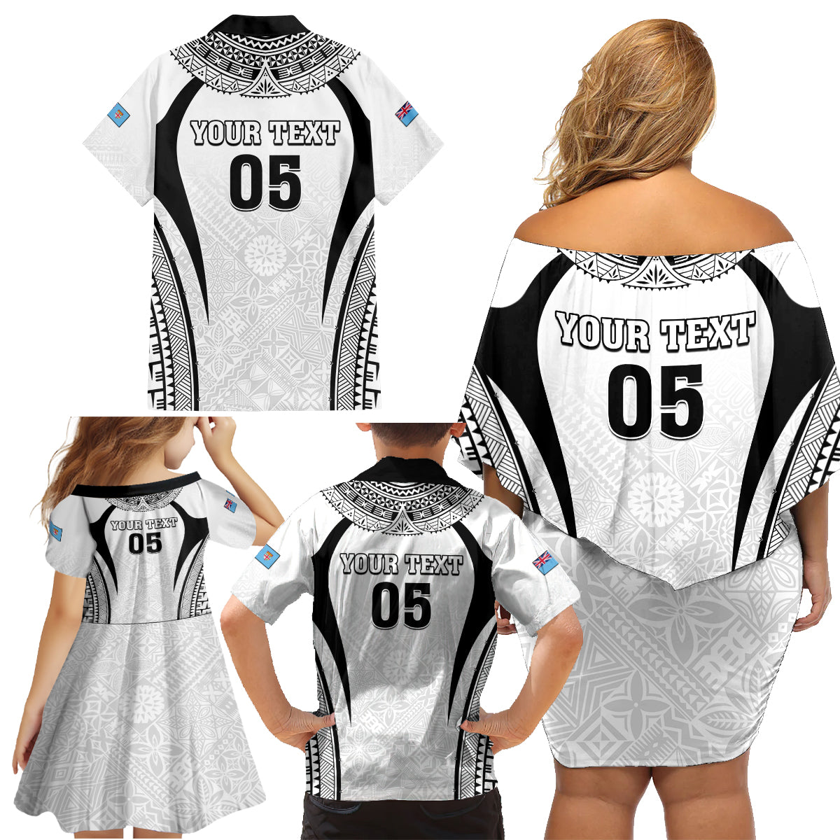 Custom Fiji Rugby Family Matching Off Shoulder Short Dress and Hawaiian Shirt Fijian Warrior White LT05 - Polynesian Pride