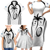 Custom Fiji Rugby Family Matching Short Sleeve Bodycon Dress and Hawaiian Shirt Fijian Warrior White LT05 - Polynesian Pride