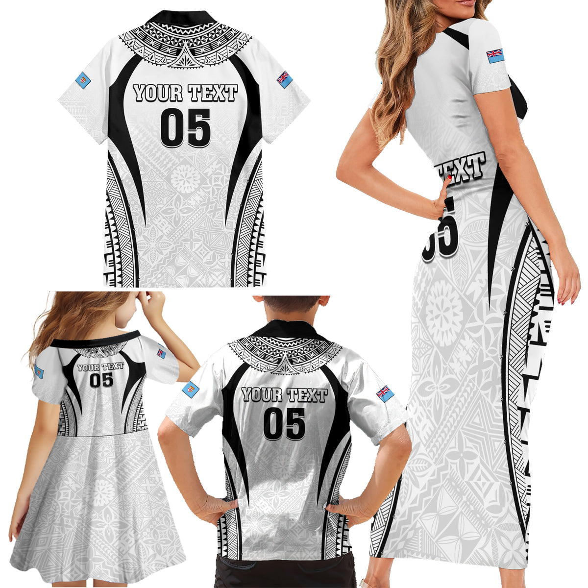 Custom Fiji Rugby Family Matching Short Sleeve Bodycon Dress and Hawaiian Shirt Fijian Warrior White LT05 - Polynesian Pride