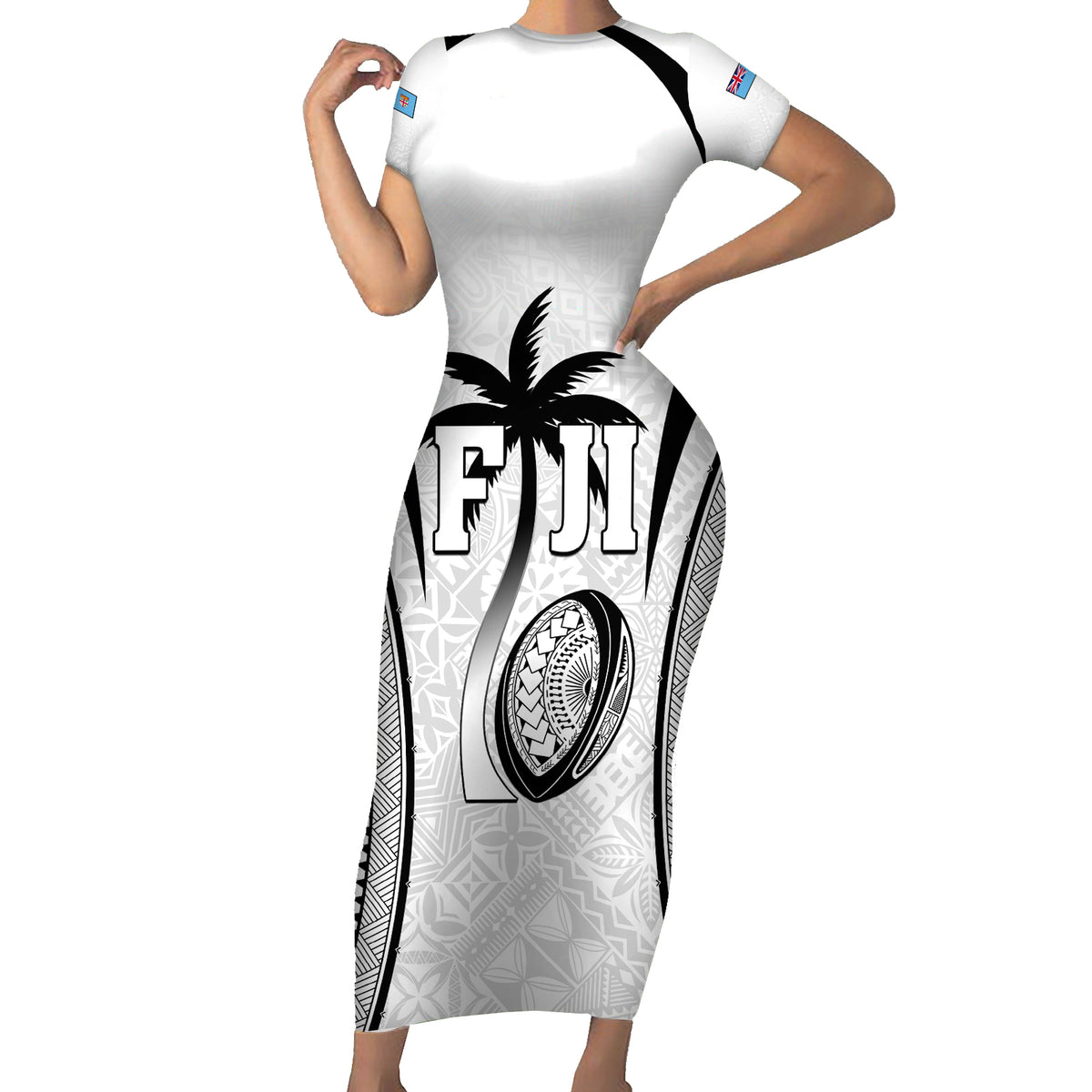 Custom Fiji Rugby Family Matching Short Sleeve Bodycon Dress and Hawaiian Shirt Fijian Warrior White LT05 Mom's Dress White - Polynesian Pride