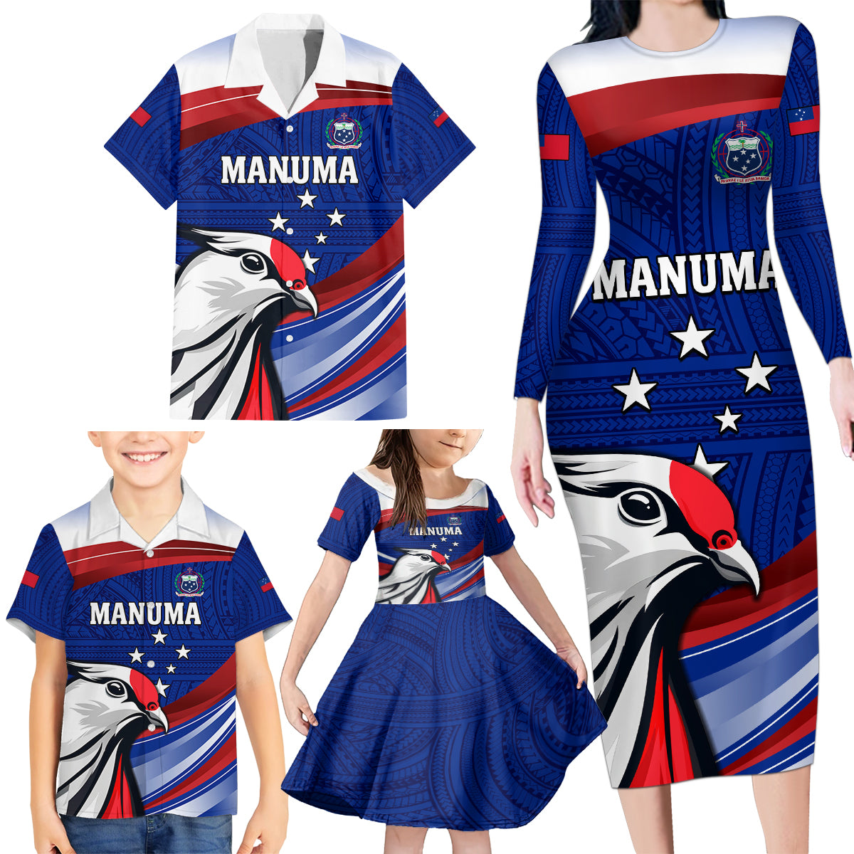 Custom Samoa Rugby Family Matching Long Sleeve Bodycon Dress and Hawaiian Shirt Manuma Ptilinopus Perousii LT05 - Polynesian Pride