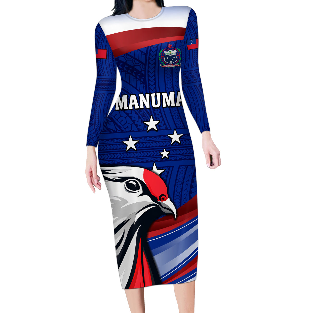 Custom Samoa Rugby Family Matching Long Sleeve Bodycon Dress and Hawaiian Shirt Manuma Ptilinopus Perousii LT05 Mom's Dress Blue - Polynesian Pride