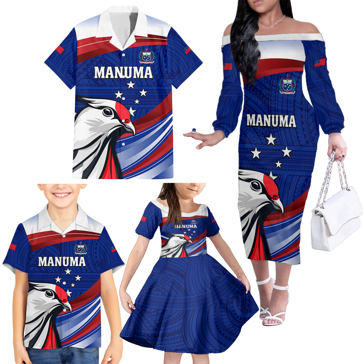Custom Samoa Rugby Family Matching Off The Shoulder Long Sleeve Dress and Hawaiian Shirt Manuma Ptilinopus Perousii LT05 - Polynesian Pride