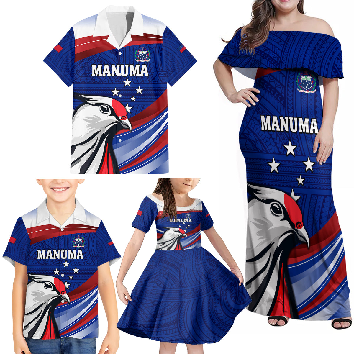 Custom Samoa Rugby Family Matching Off Shoulder Maxi Dress and Hawaiian Shirt Manuma Ptilinopus Perousii LT05 - Polynesian Pride