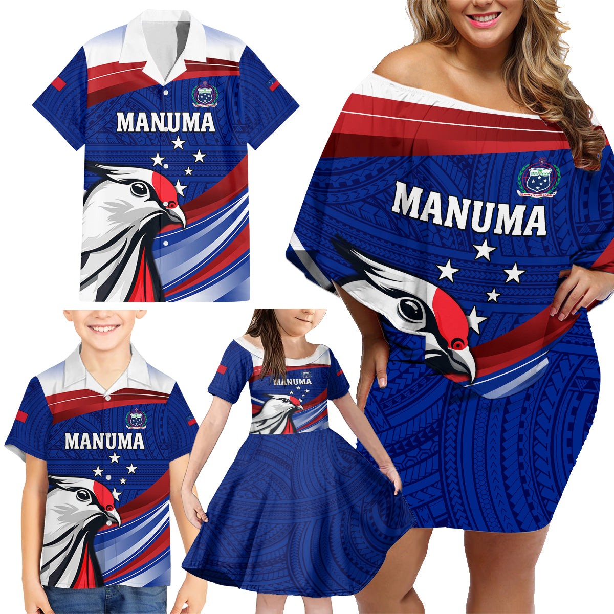 Custom Samoa Rugby Family Matching Off Shoulder Short Dress and Hawaiian Shirt Manuma Ptilinopus Perousii LT05 - Polynesian Pride