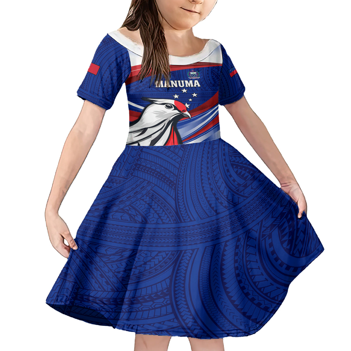 Custom Samoa Rugby Family Matching Short Sleeve Bodycon Dress and Hawaiian Shirt Manuma Ptilinopus Perousii LT05 Daughter's Dress Blue - Polynesian Pride