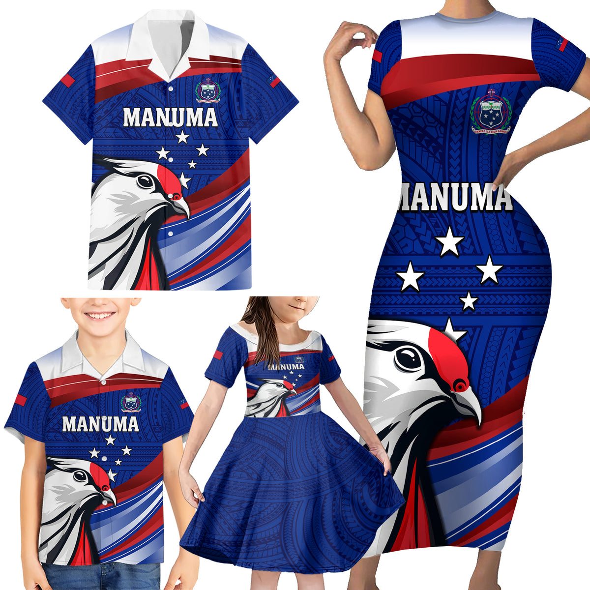 Custom Samoa Rugby Family Matching Short Sleeve Bodycon Dress and Hawaiian Shirt Manuma Ptilinopus Perousii LT05 - Polynesian Pride