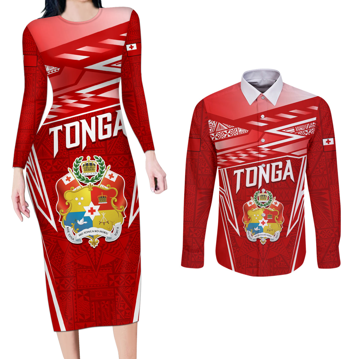 Custom Tonga Rugby Couples Matching Long Sleeve Bodycon Dress and Long Sleeve Button Shirt Kupesi Ngatu Pattern LT05 Red - Polynesian Pride