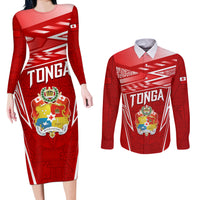 Custom Tonga Rugby Couples Matching Long Sleeve Bodycon Dress and Long Sleeve Button Shirt Kupesi Ngatu Pattern LT05 Red - Polynesian Pride