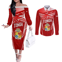 Custom Tonga Rugby Couples Matching Off The Shoulder Long Sleeve Dress and Long Sleeve Button Shirt Kupesi Ngatu Pattern LT05 Red - Polynesian Pride