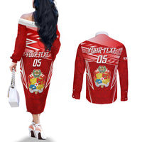 Custom Tonga Rugby Couples Matching Off The Shoulder Long Sleeve Dress and Long Sleeve Button Shirt Kupesi Ngatu Pattern LT05 - Polynesian Pride